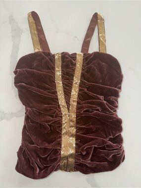 SUKI Brown Velvet Ruched Y2K Tank Top Gold Metallic Trim Silk Blend S